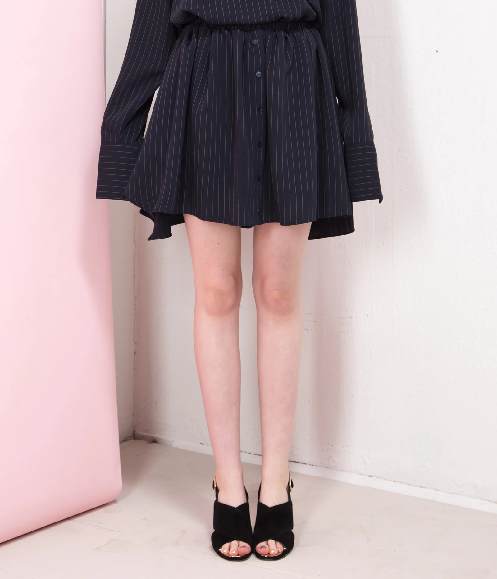 STRIPE GATHER SKIRT_NAVY