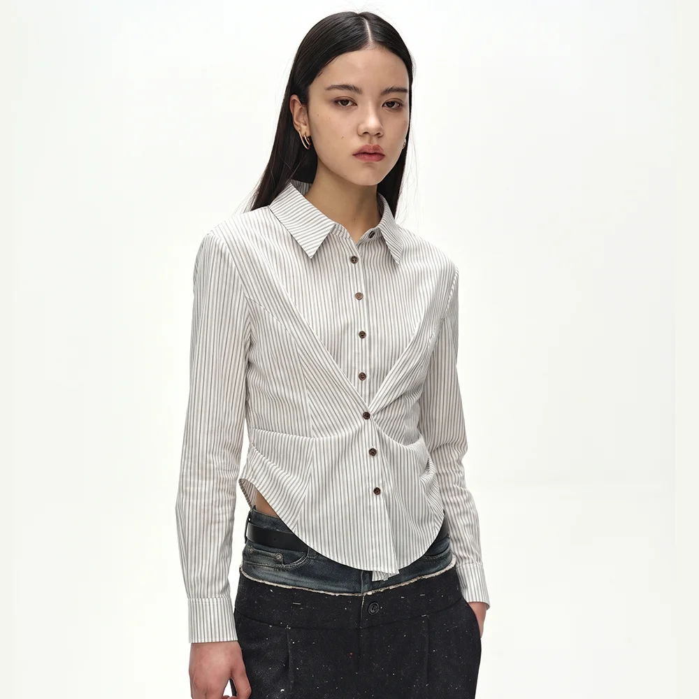STRIPE DRAPED WAIST SHIRT (ECRU)