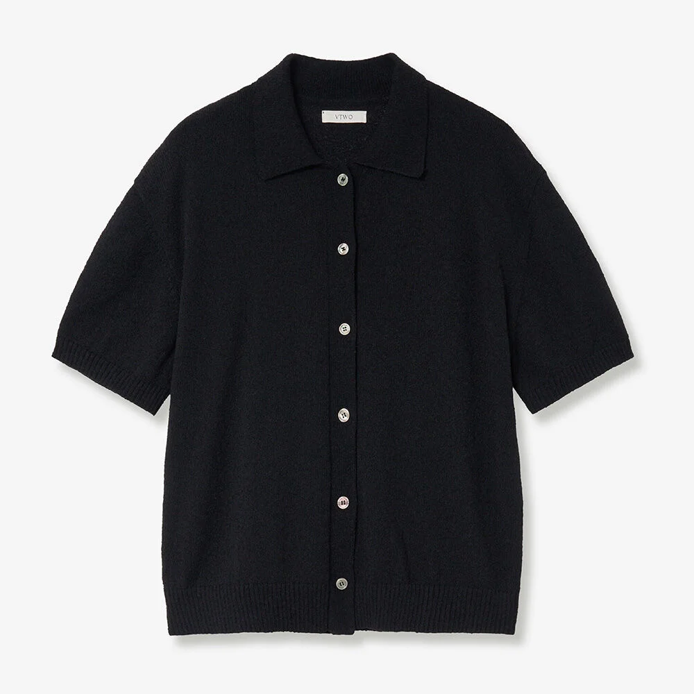 涼感 可水洗 圈圈紗 衣領 針織衫 (BLACK)