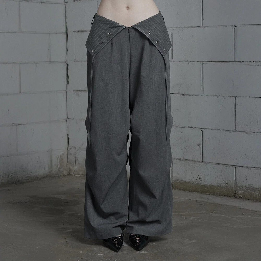 Panel Line Shirring Wide Slacks (Gray)