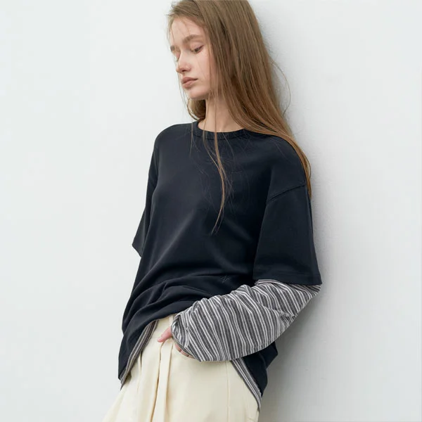 (T-7281)STRIPE LONG-SLEEVE LAYERD TEE