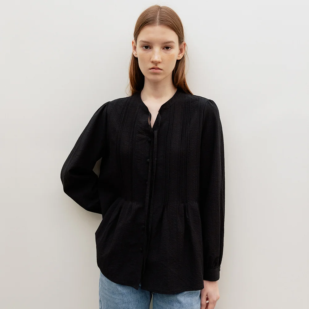 Plisse Pin-Tuck Tie Blouse Black