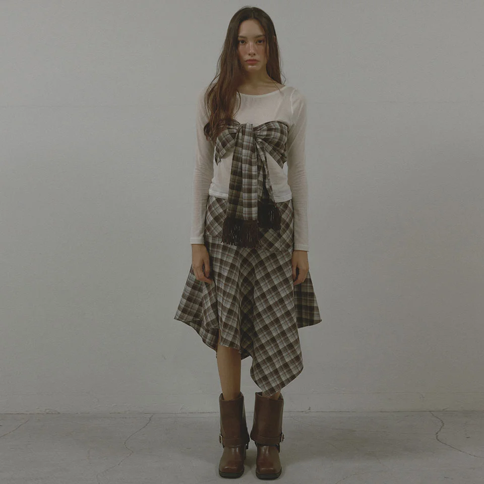 CHECK UNBALANCE HOOL SKIRT (BROWN)