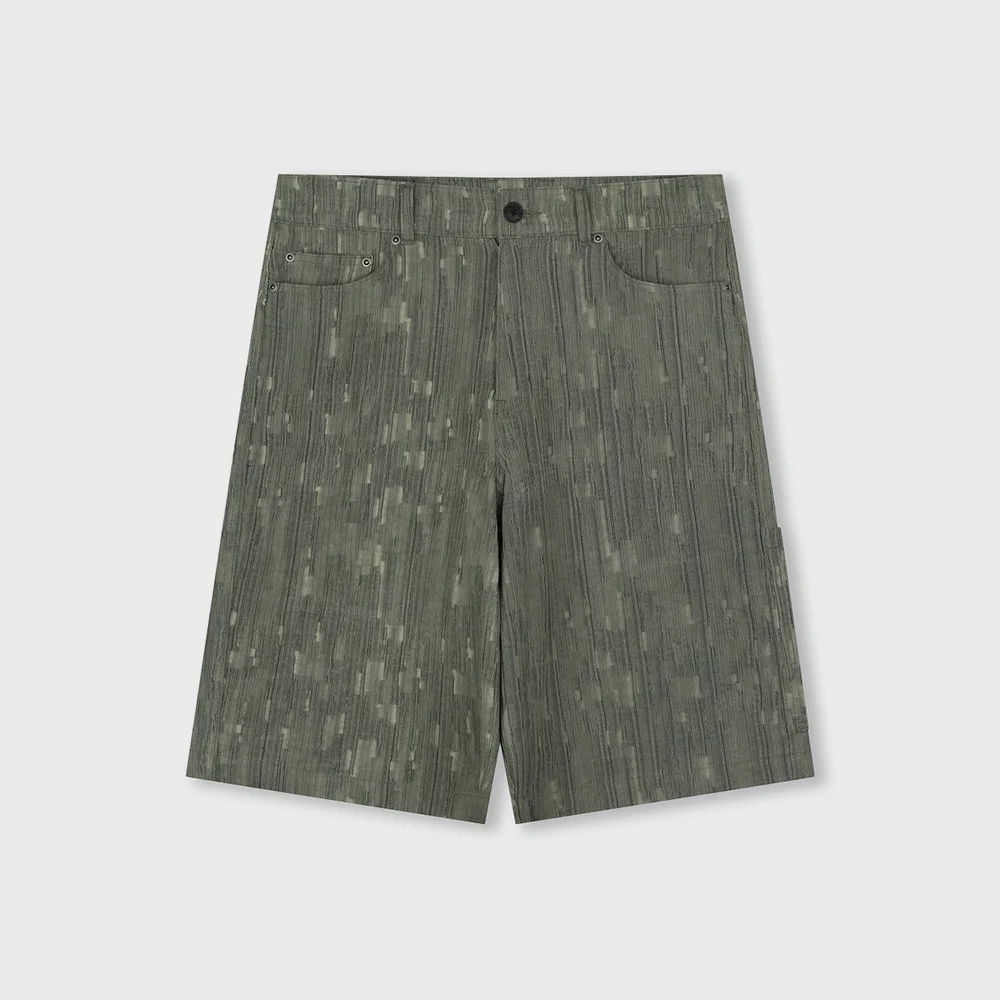 WASHED LINEN JACQUARD WORK SHORTS OLIVE