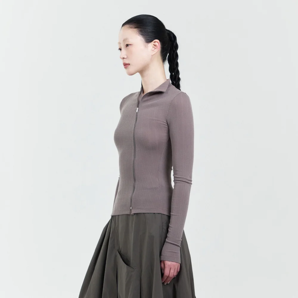 WOMENS CURVED RIBBED ZIP-UP MODERN MOCHA