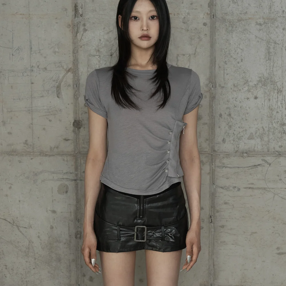 Drape Pintuck Zipper Roll-Up Short Top (Gray)