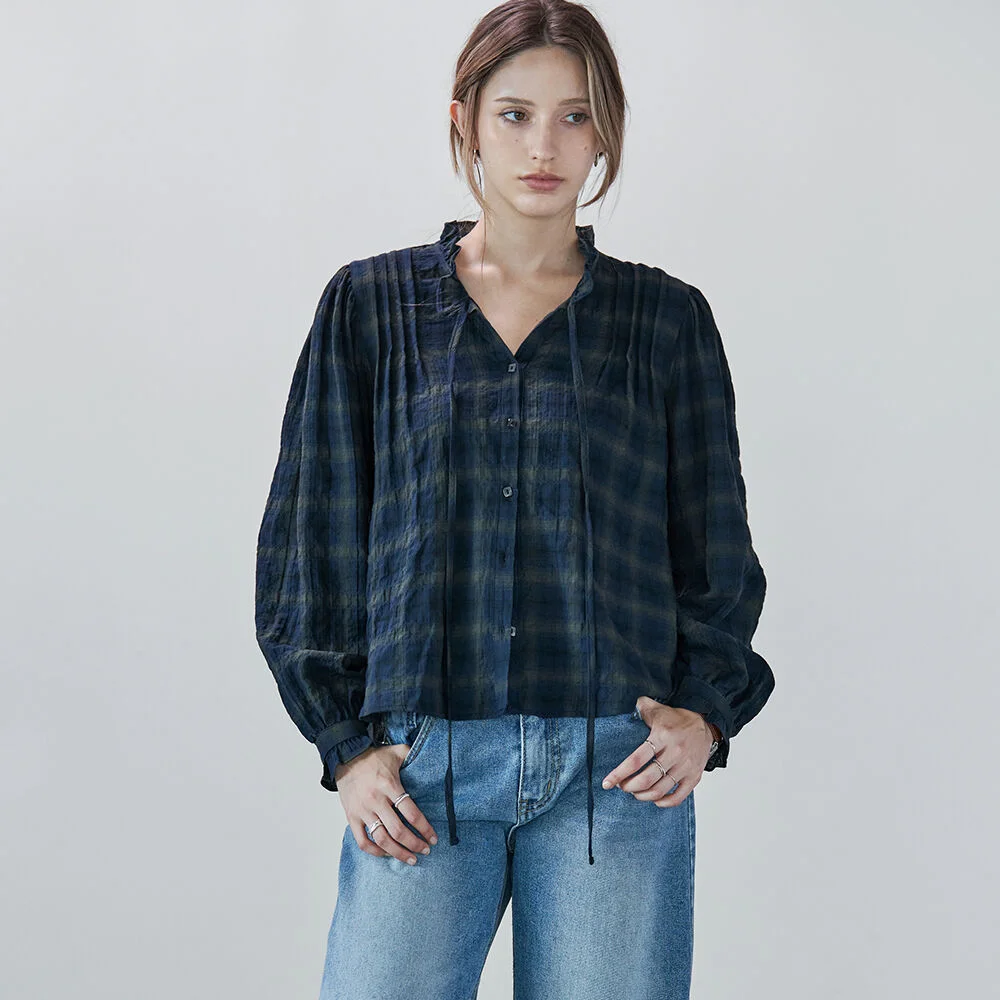 Lowell 荷葉邊 格紋上衣 NAVY