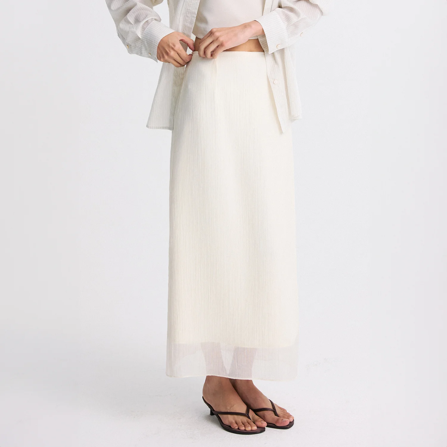 SHEER LAYERED SLIT-BACK MIDI SKIRT PEARL