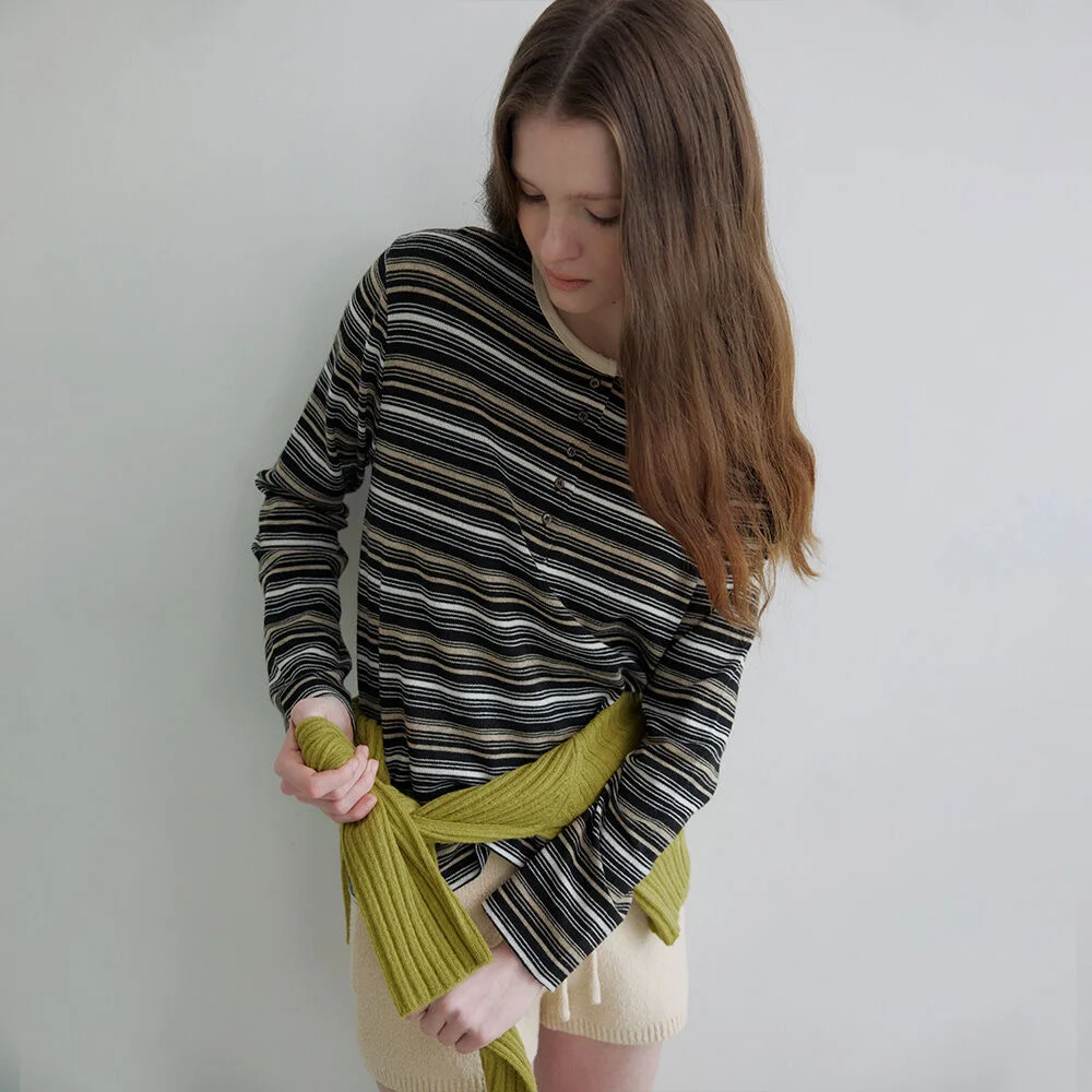 Soft stripe button longsleeve T-shirt _Black
