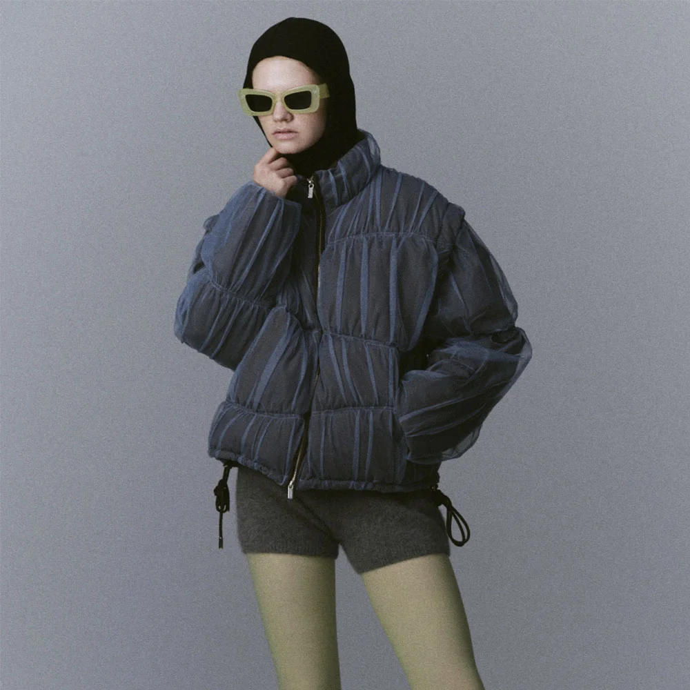(W) WAVE SHIRRING TULLE PUFFER JACKET (BRN)