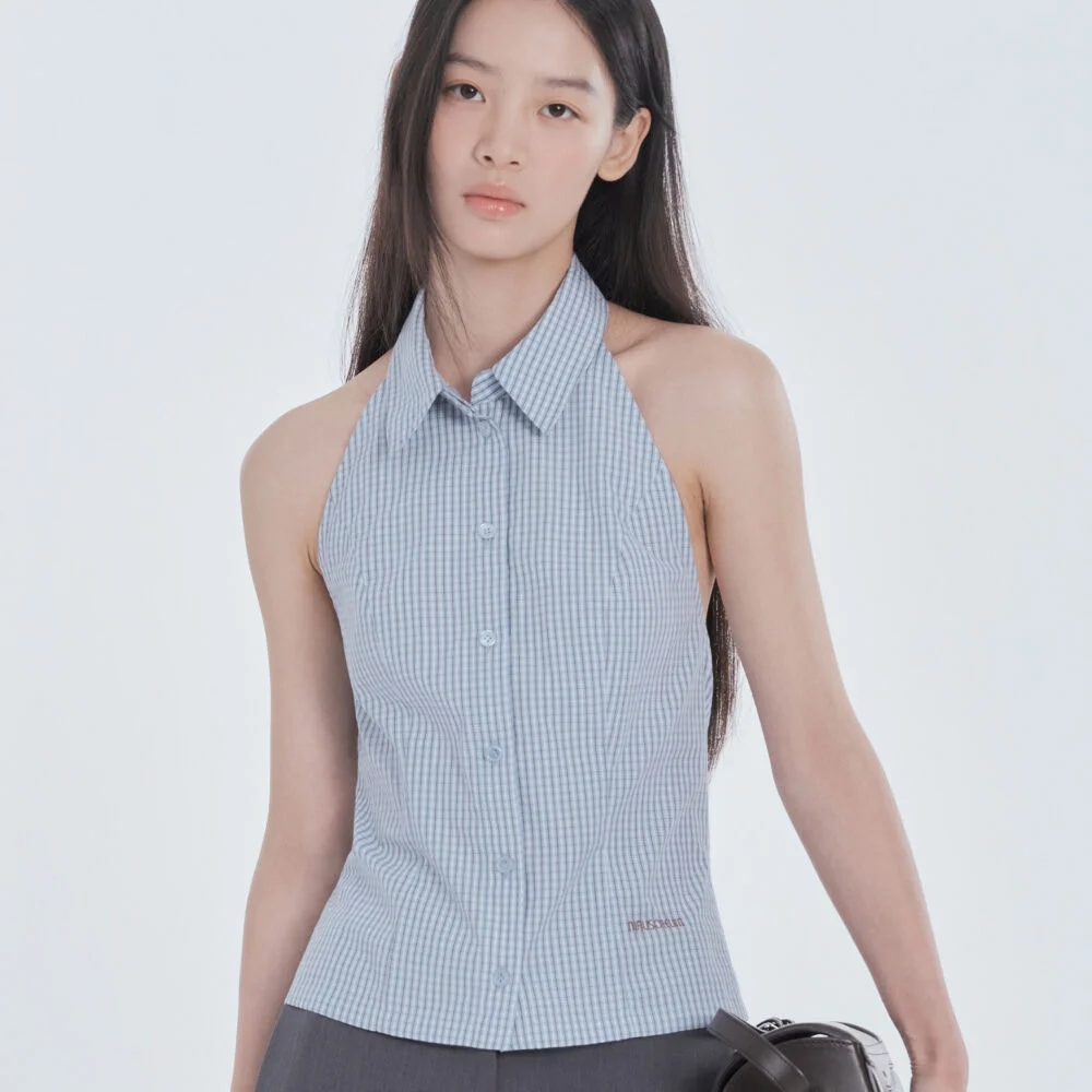 Two-Way Collar Halter Shirt - SkyBlue Check