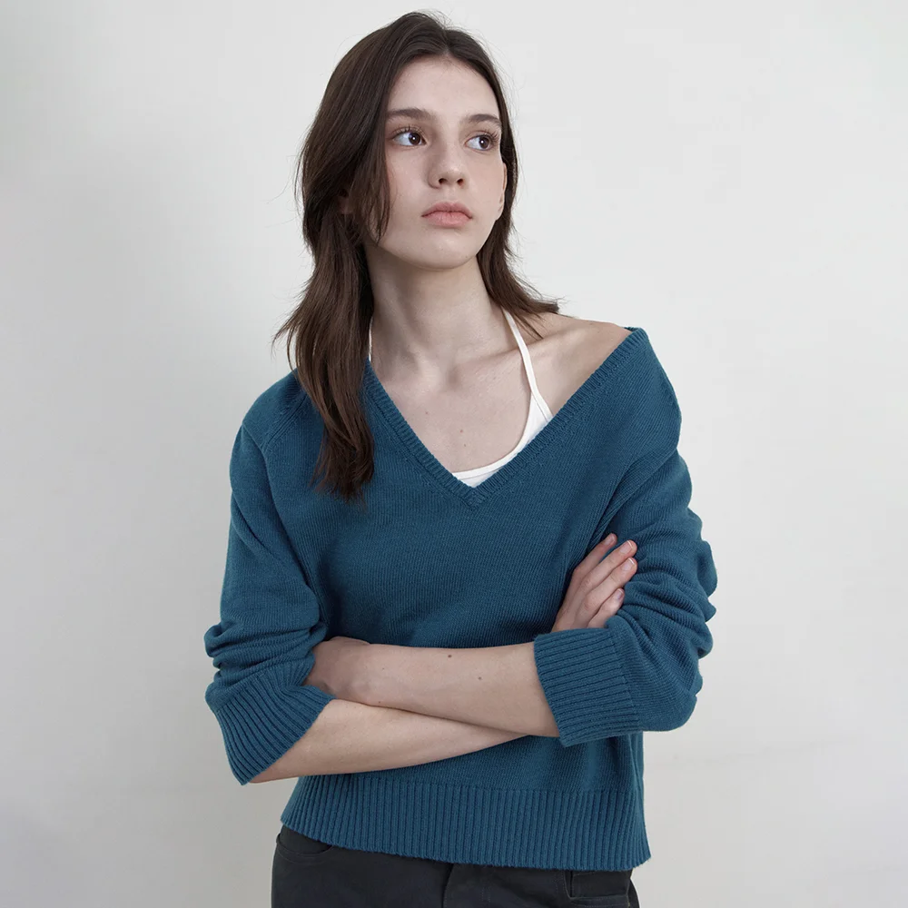 Nive Lambswool Deep V-Neck Knit_BLUE GREEN(WCB6KN75)