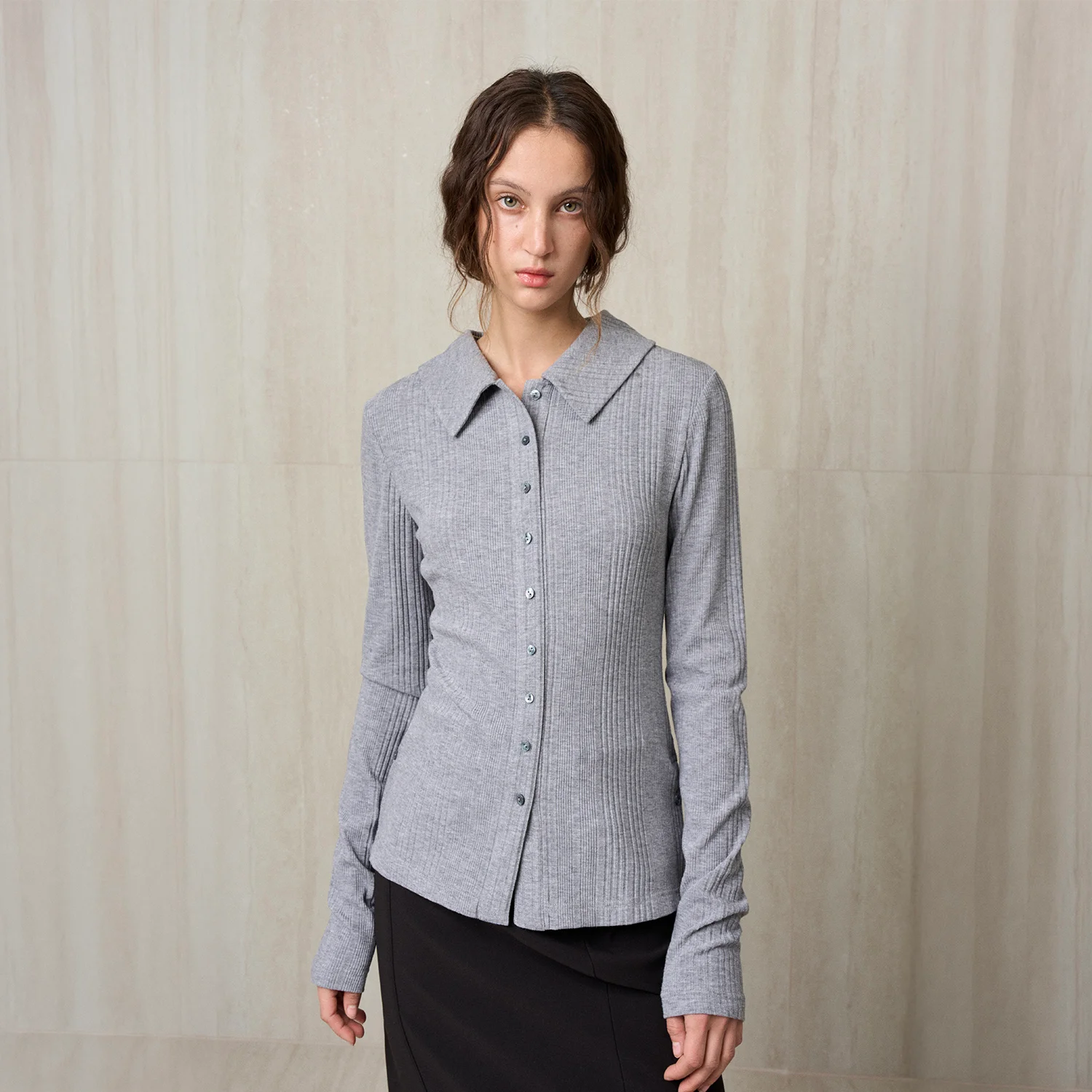 KNIT RIBBED SHIRT TOP MELANGE GRAY