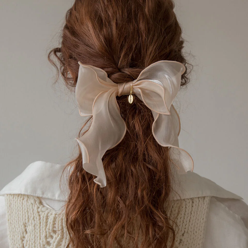 Salmon organza ruffle ribbon hairpin