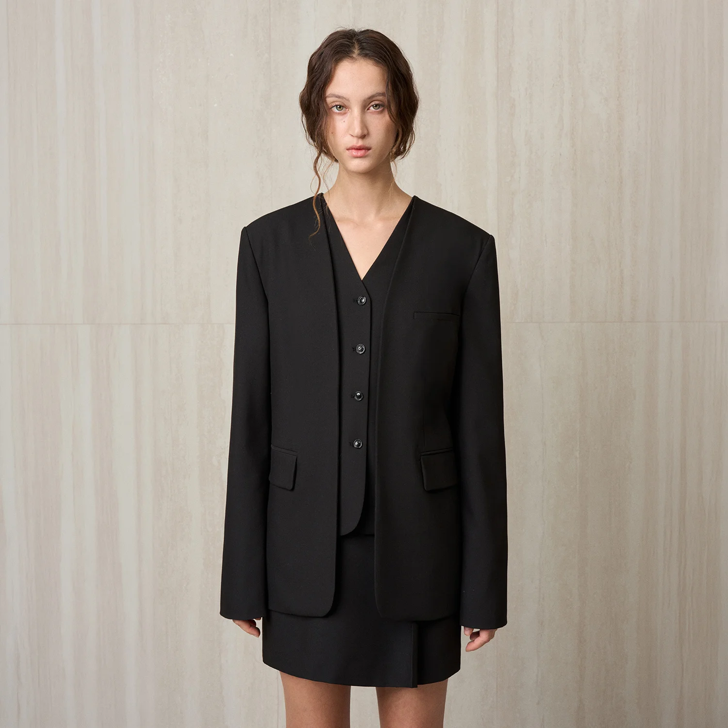 WOOL BLEND COLLARLESS JACKET BLACK