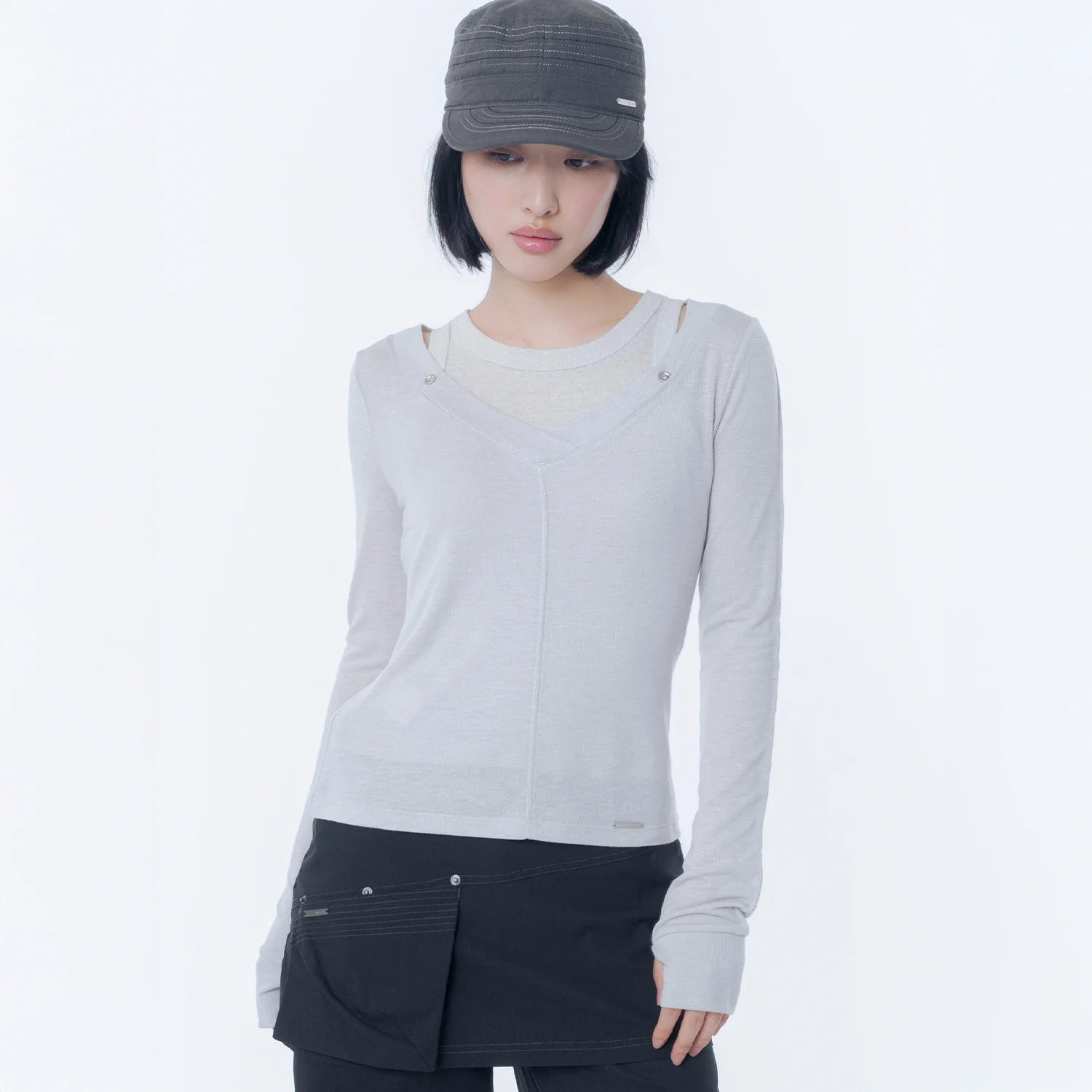 Layered line sheer long sleeve GREY