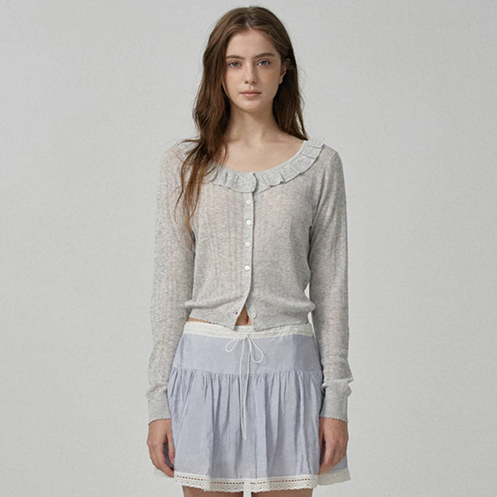 Sia Ruffle Pointelle Cardigan_Light Grey