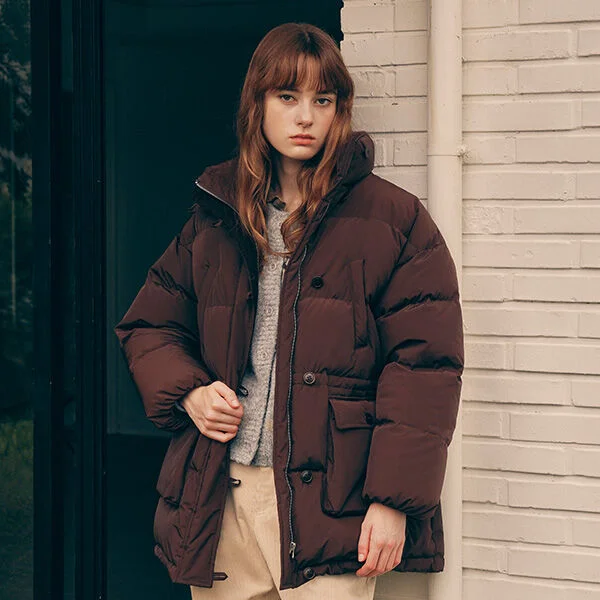 HIGH NECK DOWN MIDI PADDING BROWN