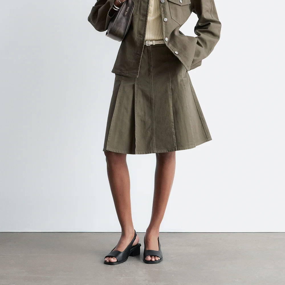 百褶 純棉 中長 半身裙 (Khaki green Dark)
