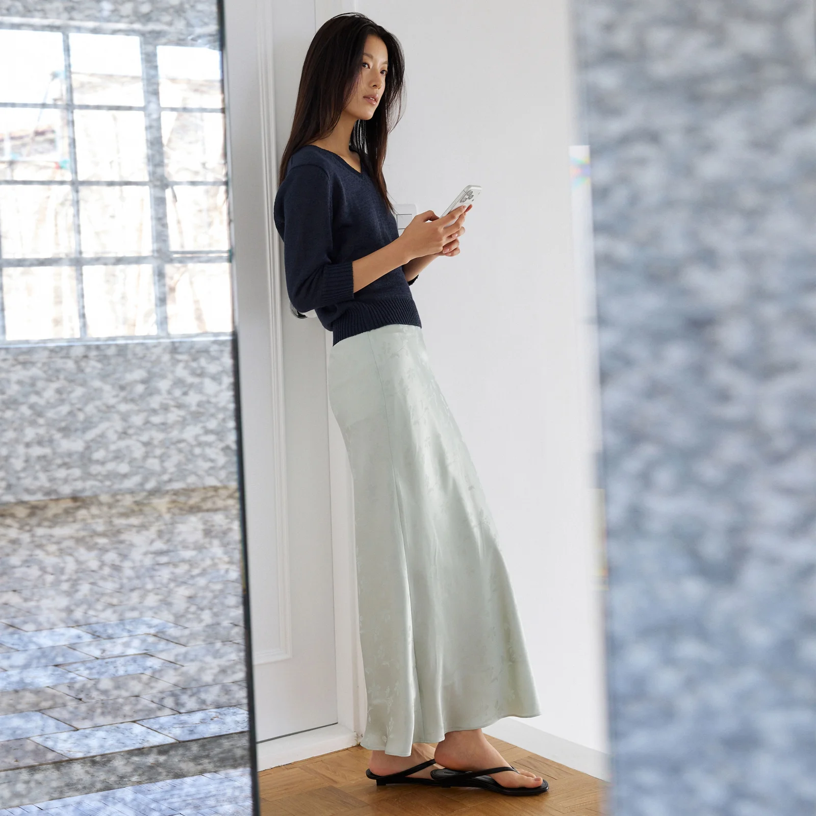 Flower Silky Skirt-Light Green