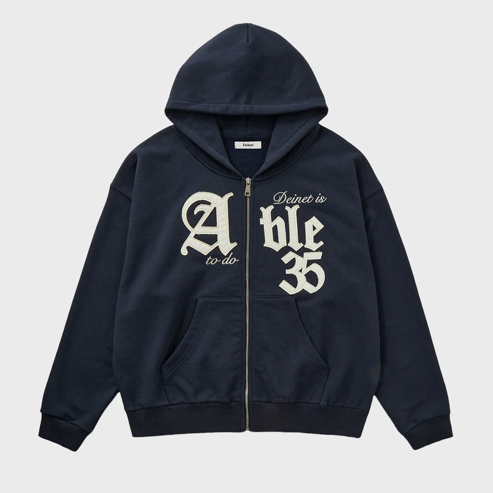 APPLIQUE ABLE OVERSIZE HOOD ZIP UP IN NAVY