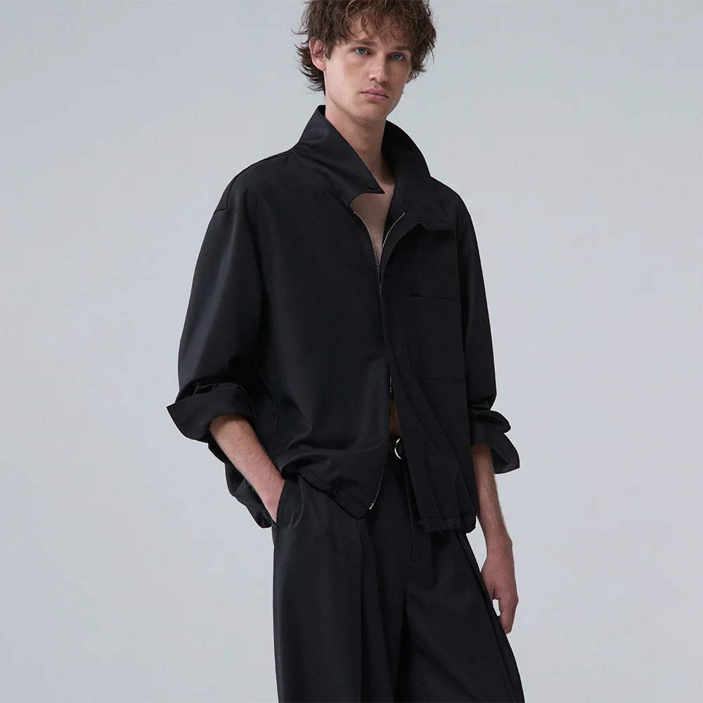Worsted wool high-neck zip-up jacket_Black