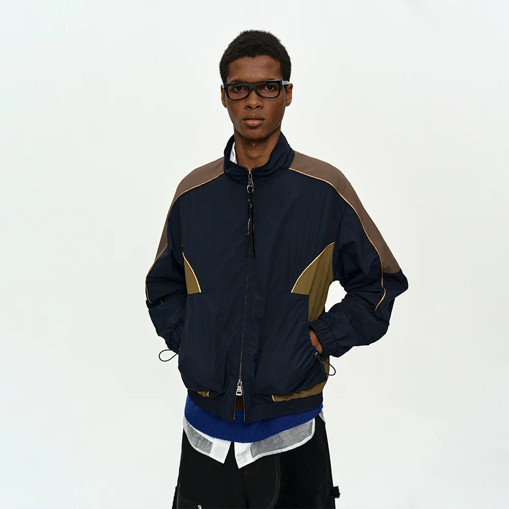 UNISEX COLOR BLOCK NYLON TRACK JACKET awa759u(NAVY/KHAKI)