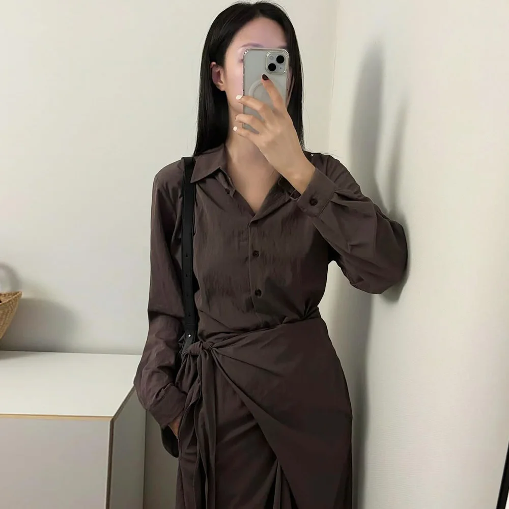 Modern shirts collar lap long dress - moca
