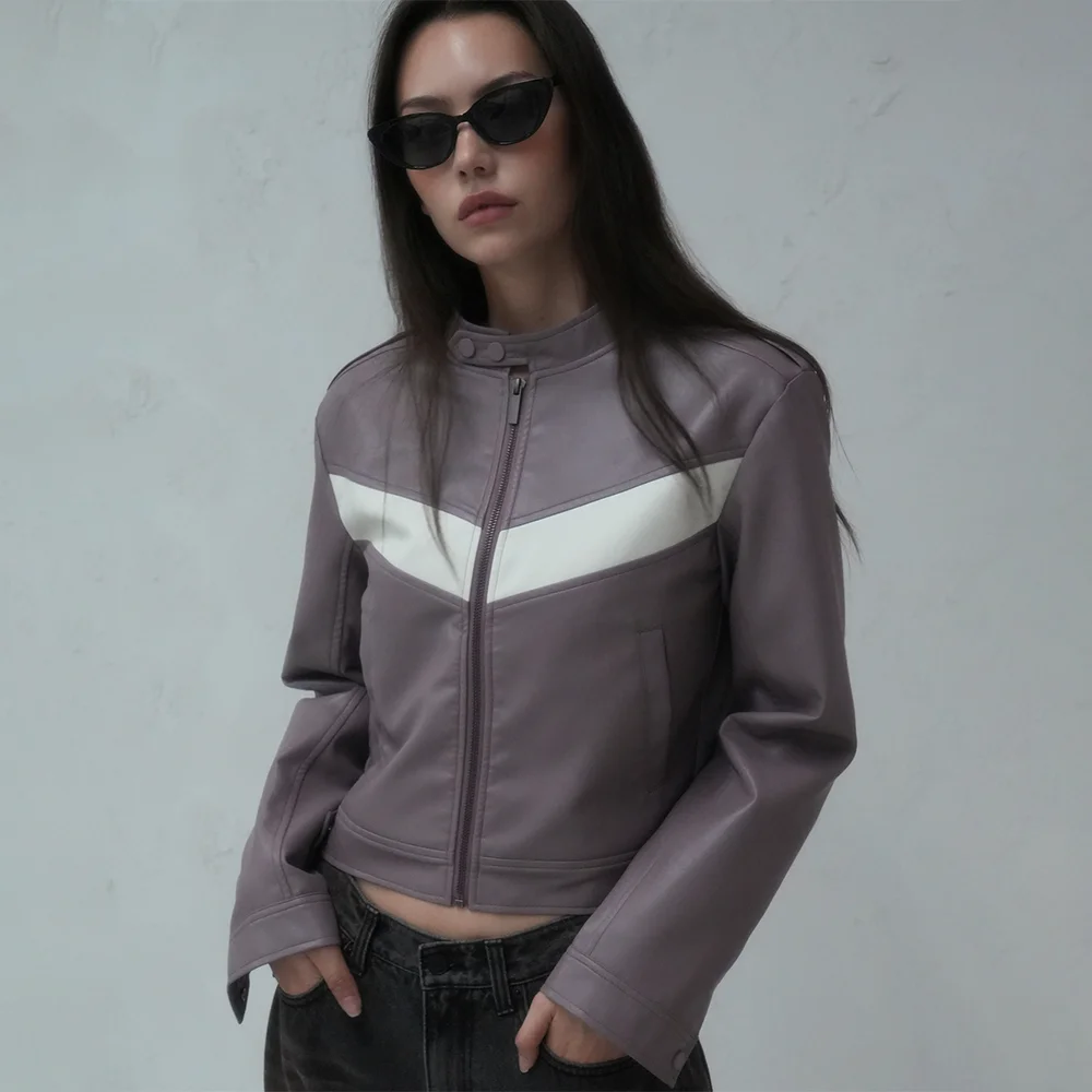 V Vegan Leather Short Jacket PURPLE