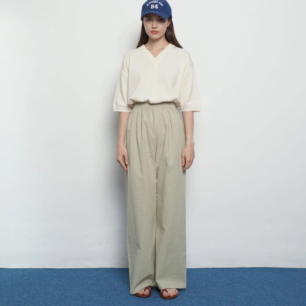 女裝 亞麻 酵素 水洗 寬版 褲子 綠色