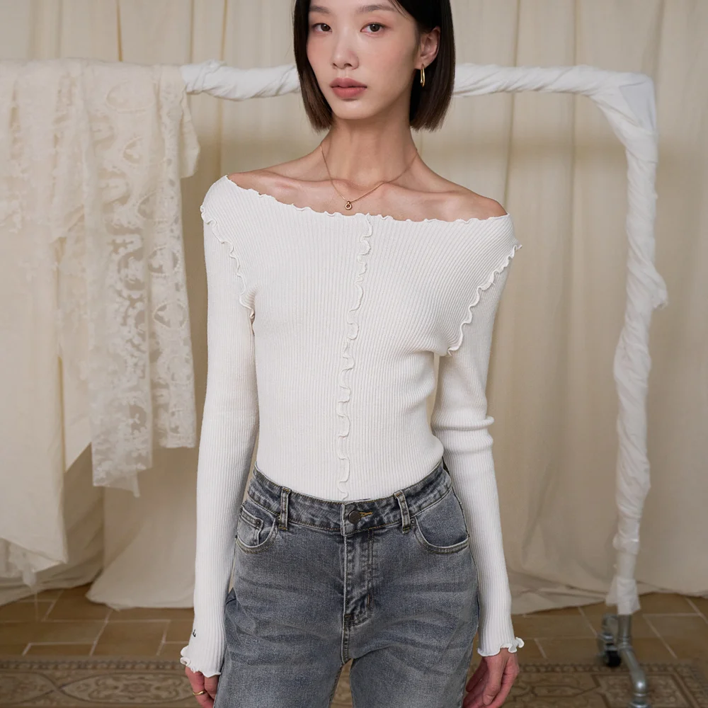 Viscose Frill Boat Neck Embroidered Reverse Knit (Ivory)