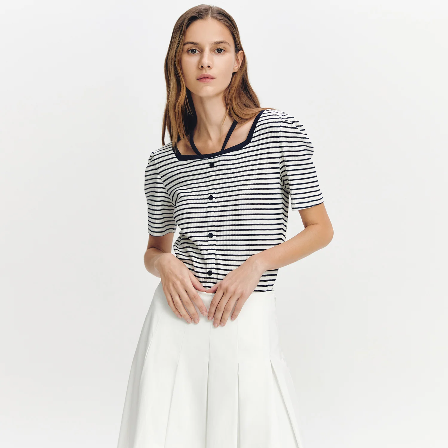 Tie-decorated Square-neck Top NAVY