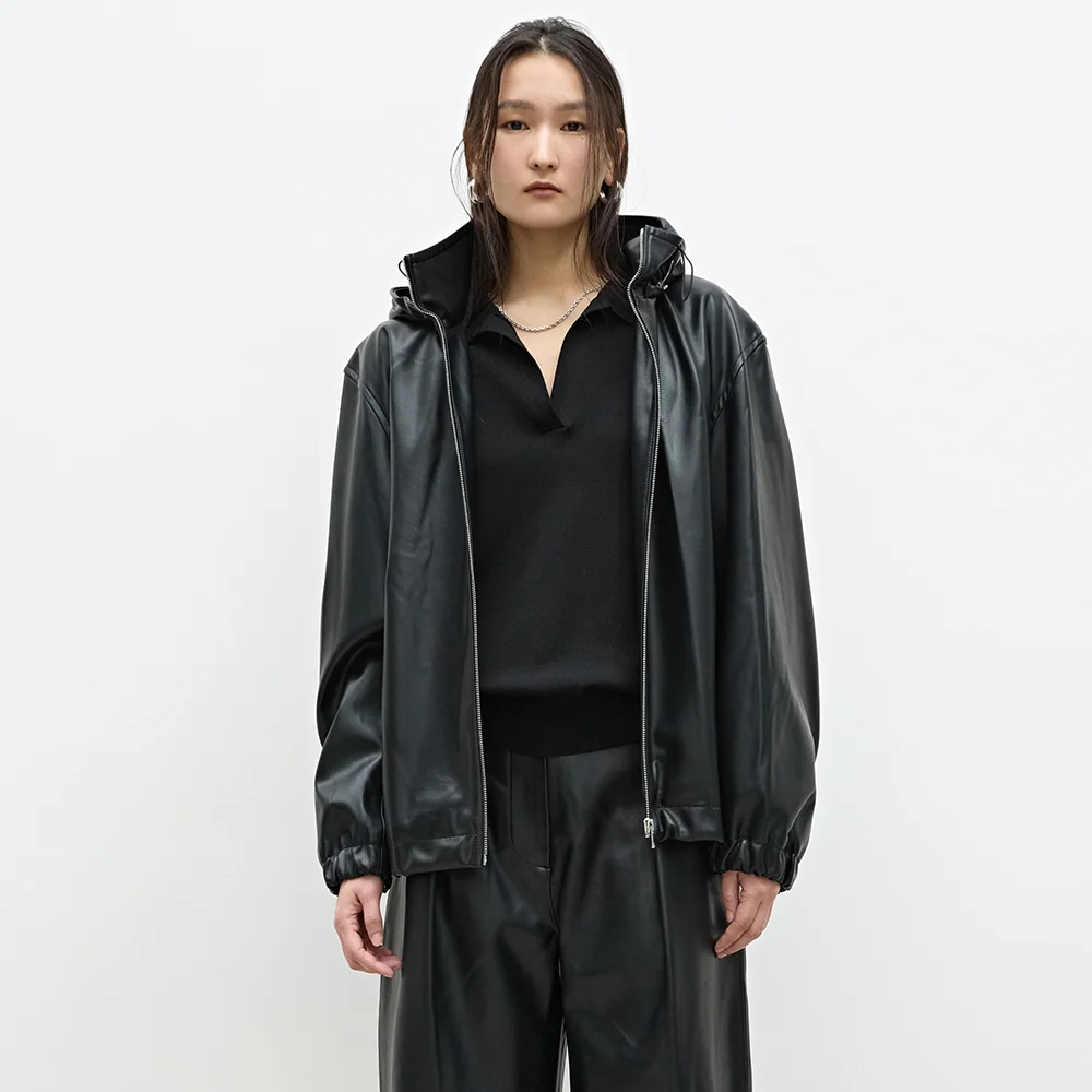 LON LEATHER HOOD ZIPUP