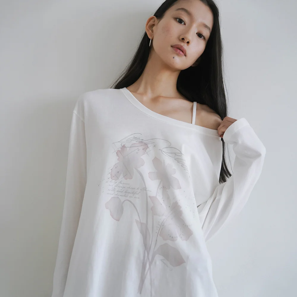 花卉 印花 單肩 長袖_復古花卉