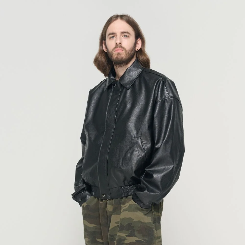 CROP LEATHER BLOUSON JACKET (BLACK)