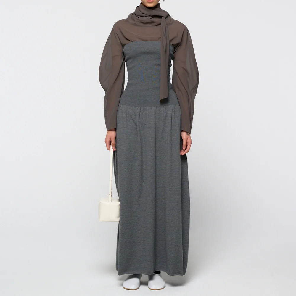 Ribbed shirring knit maxi dress, Grey