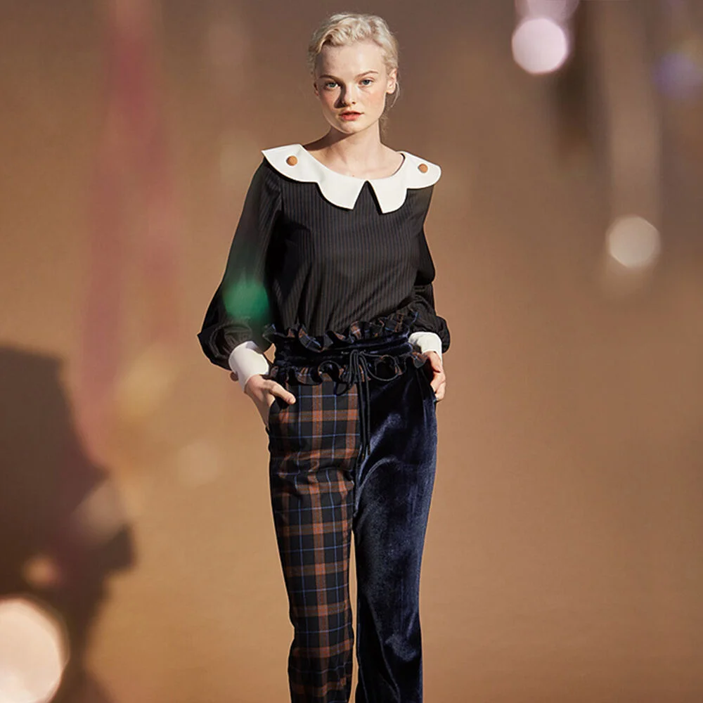 Ruffle velvet long pants