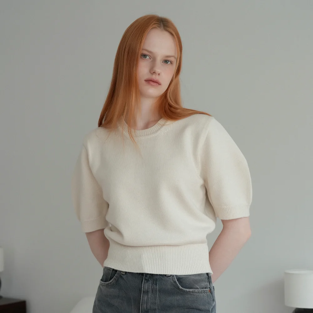 Balloon Sleeve Half Knit (Cream_beige)