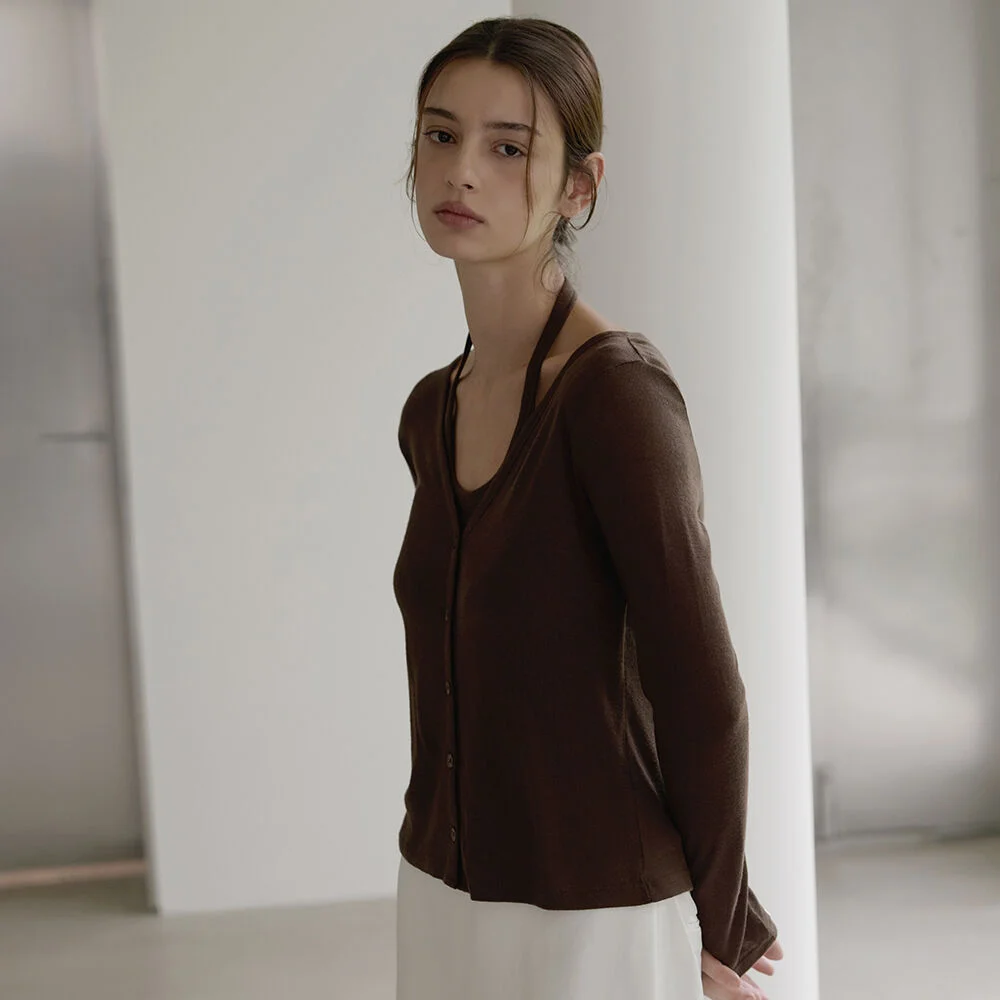 Combination wool cardigan - Brown