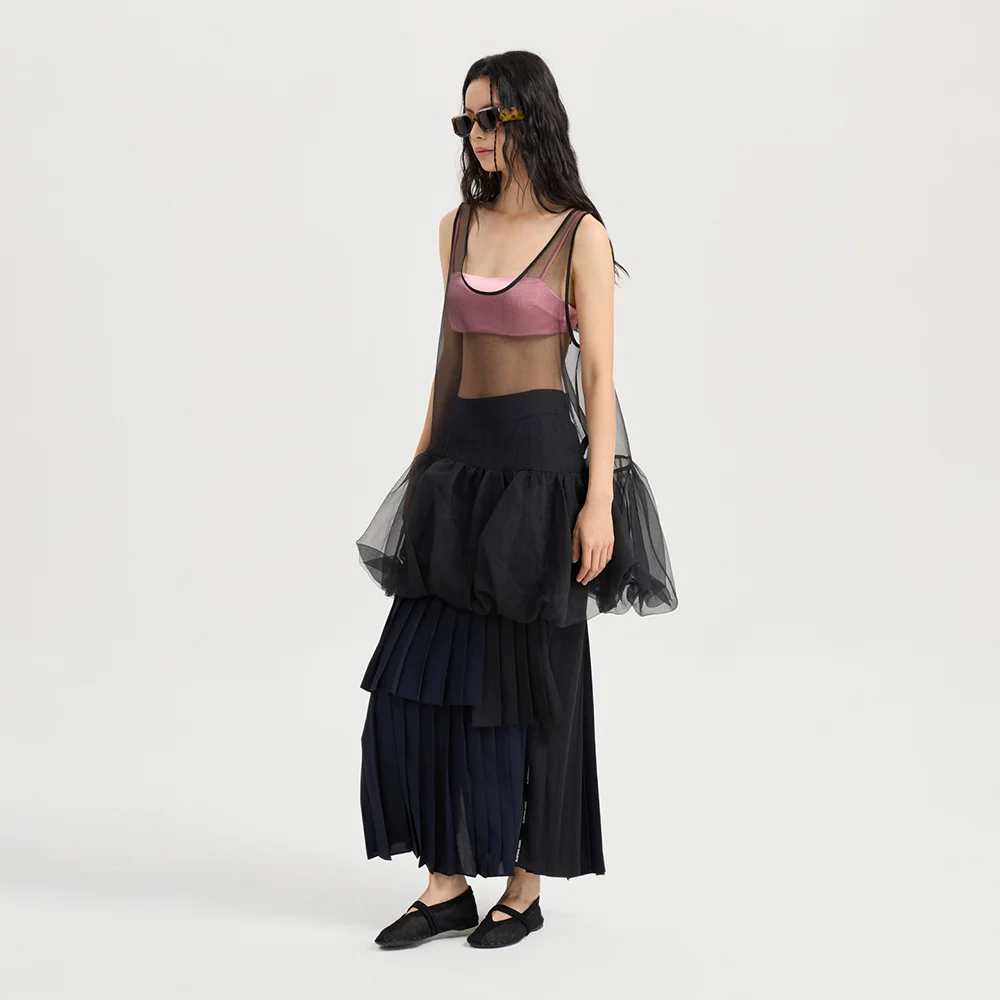 Color Mix Pleats Back Banding Long Skirt (dark navy) LFKAA25130NYD