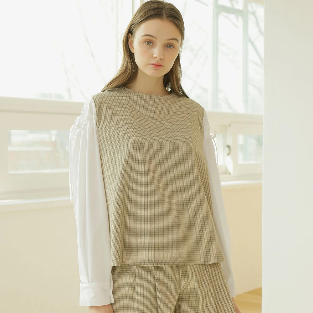 CHECK COMBI RIBBON SLEEVE BLOUSE_WHITE
