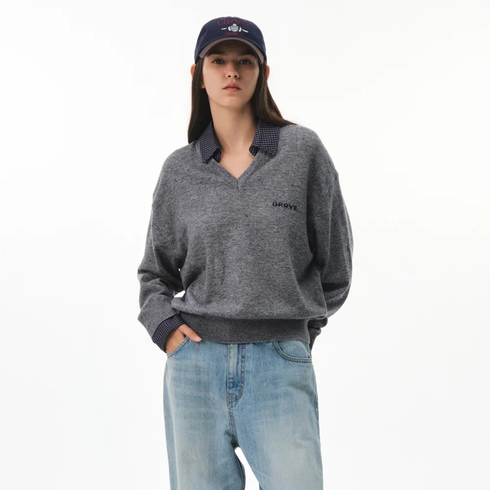 26FW EVIE CHECK COLLAR KNIT (MELANGE GRAY)
