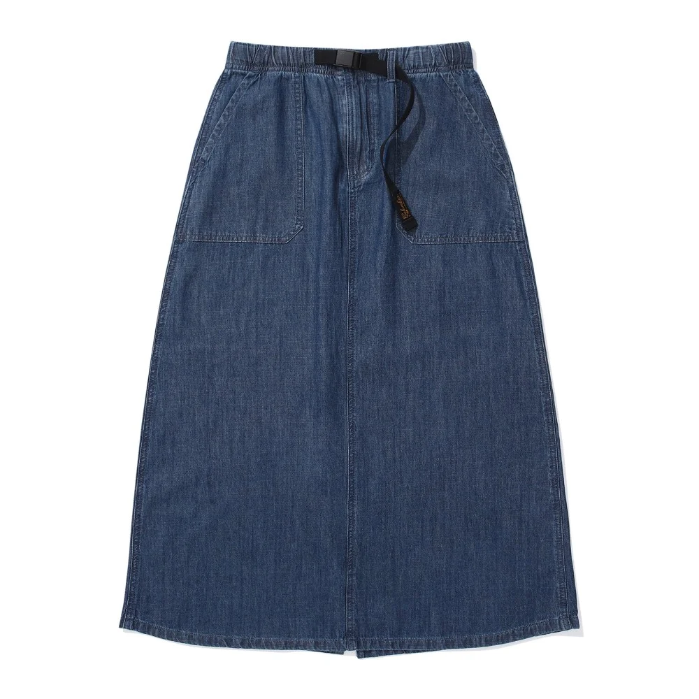 SL-LABEL BELTED DENIM LONG SKIRTS 午夜牛仔