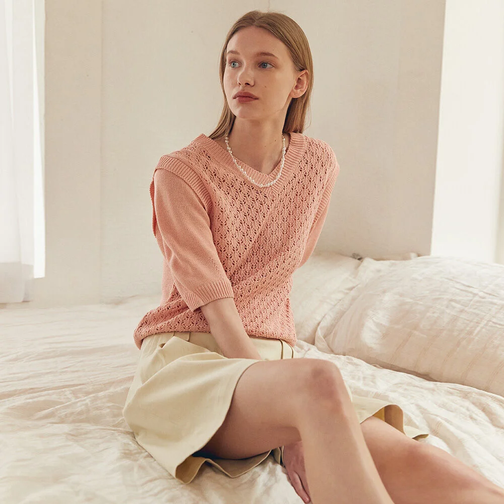 V-NECK JACQUARD KNIT(pale pink)