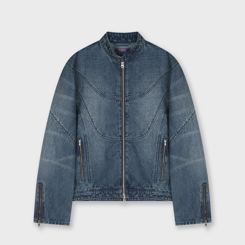 MOTOCYCLE WASHED DENIM JACKET VINTAGE BLUE
