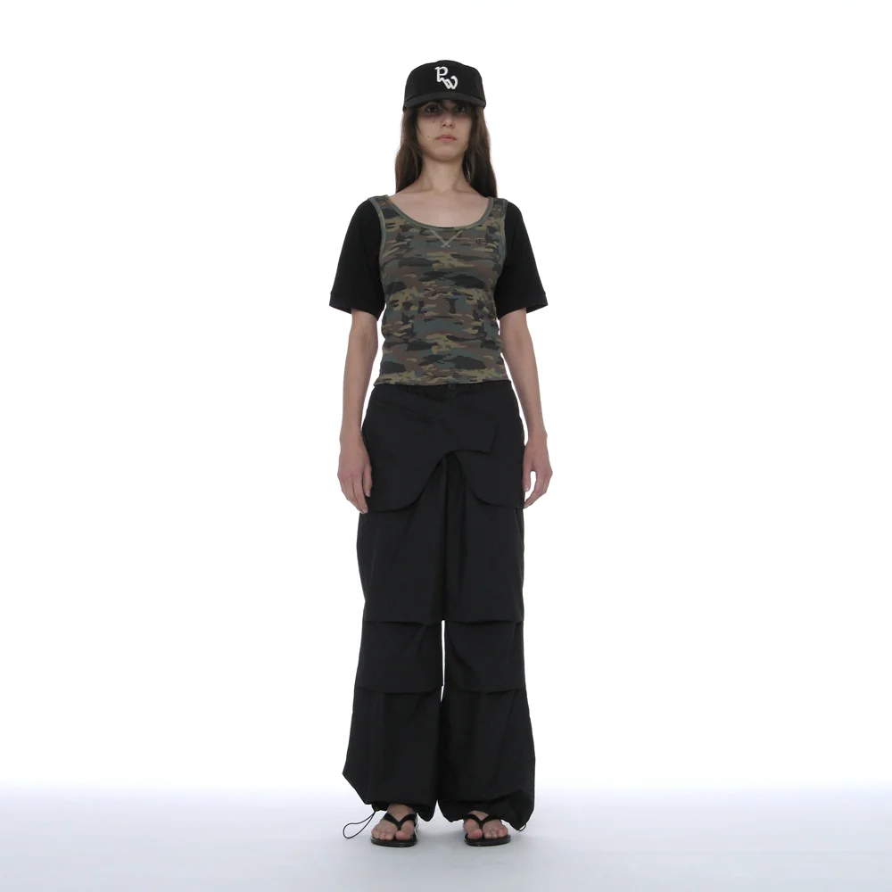 BELTED LAYERED PARACHUTE PANTS_BLACK