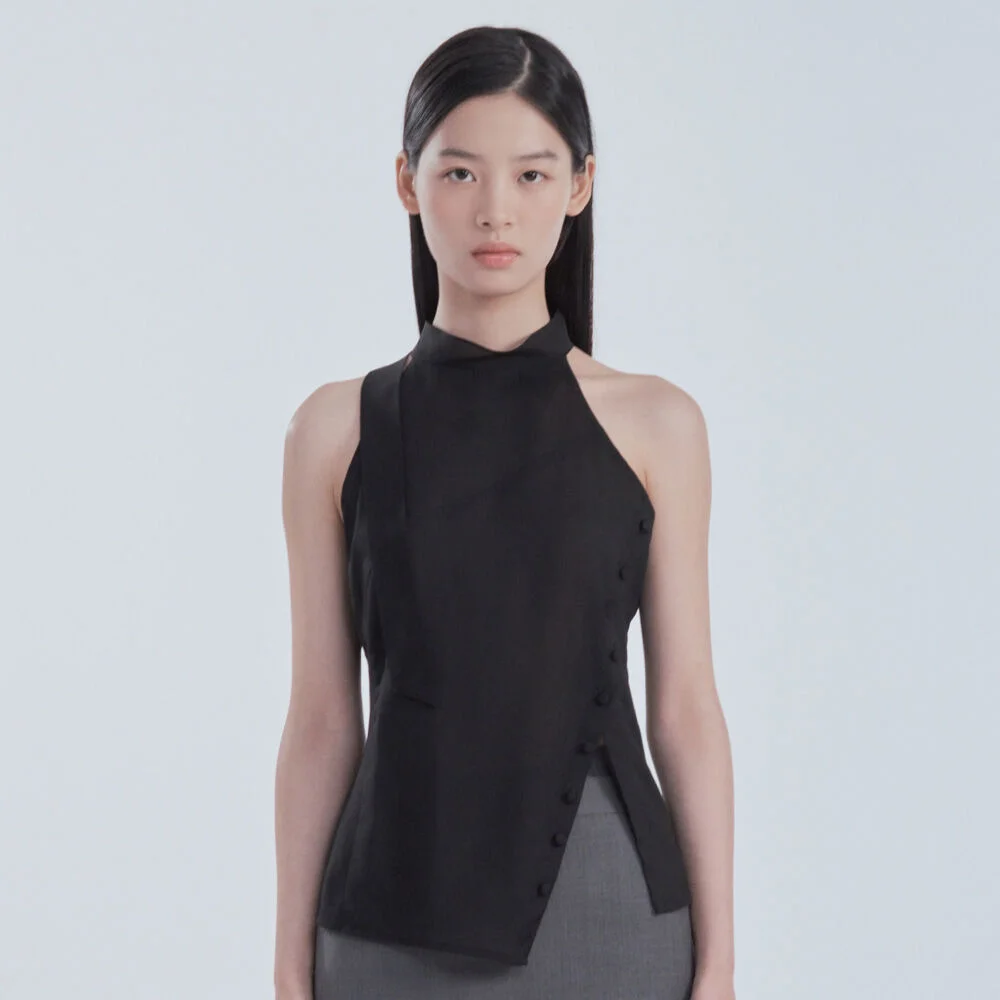 Asymmetric Scarf Halter Neck Blouse - Black