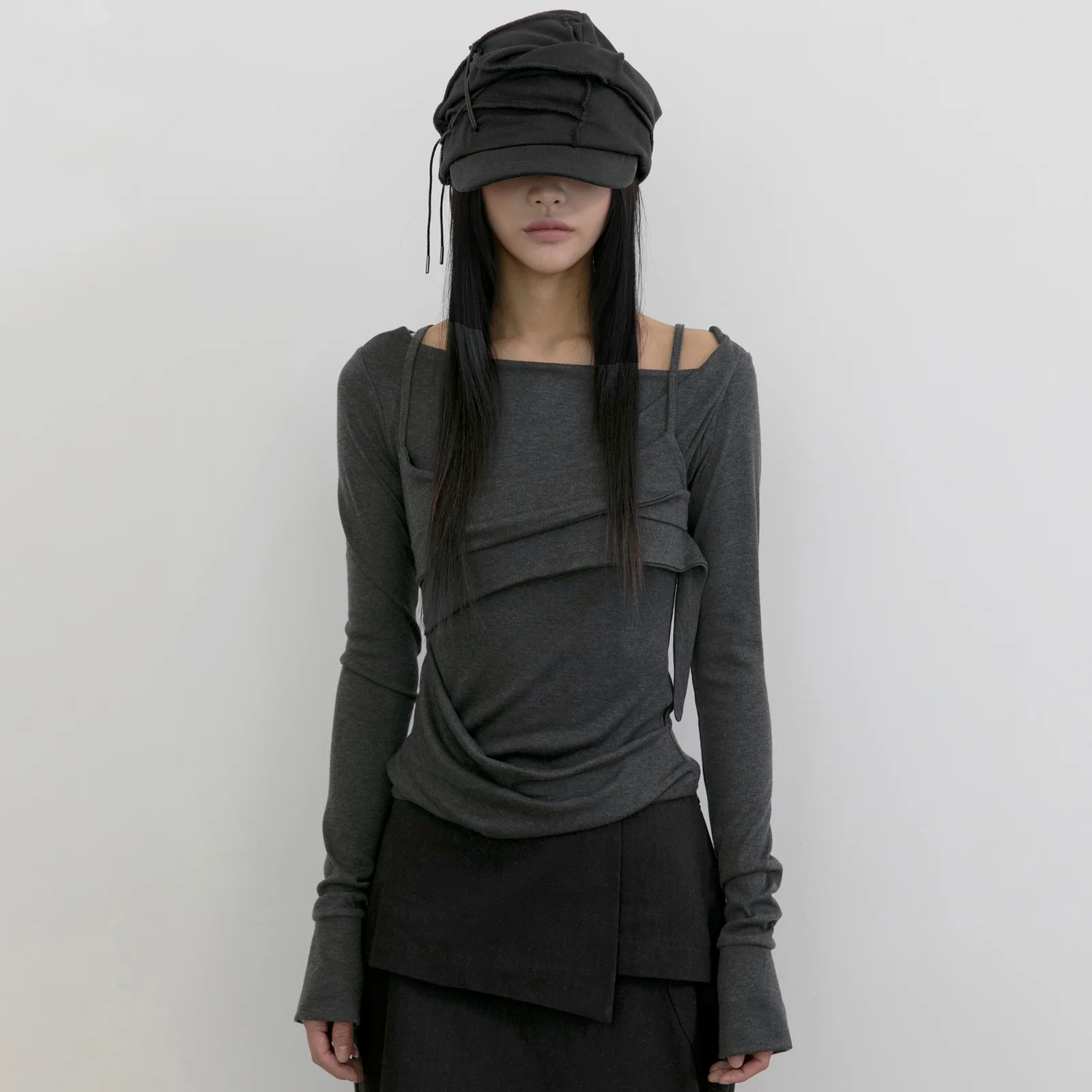 Layered Bustier Long Sleeve (FL-105_Charcoal Melange)