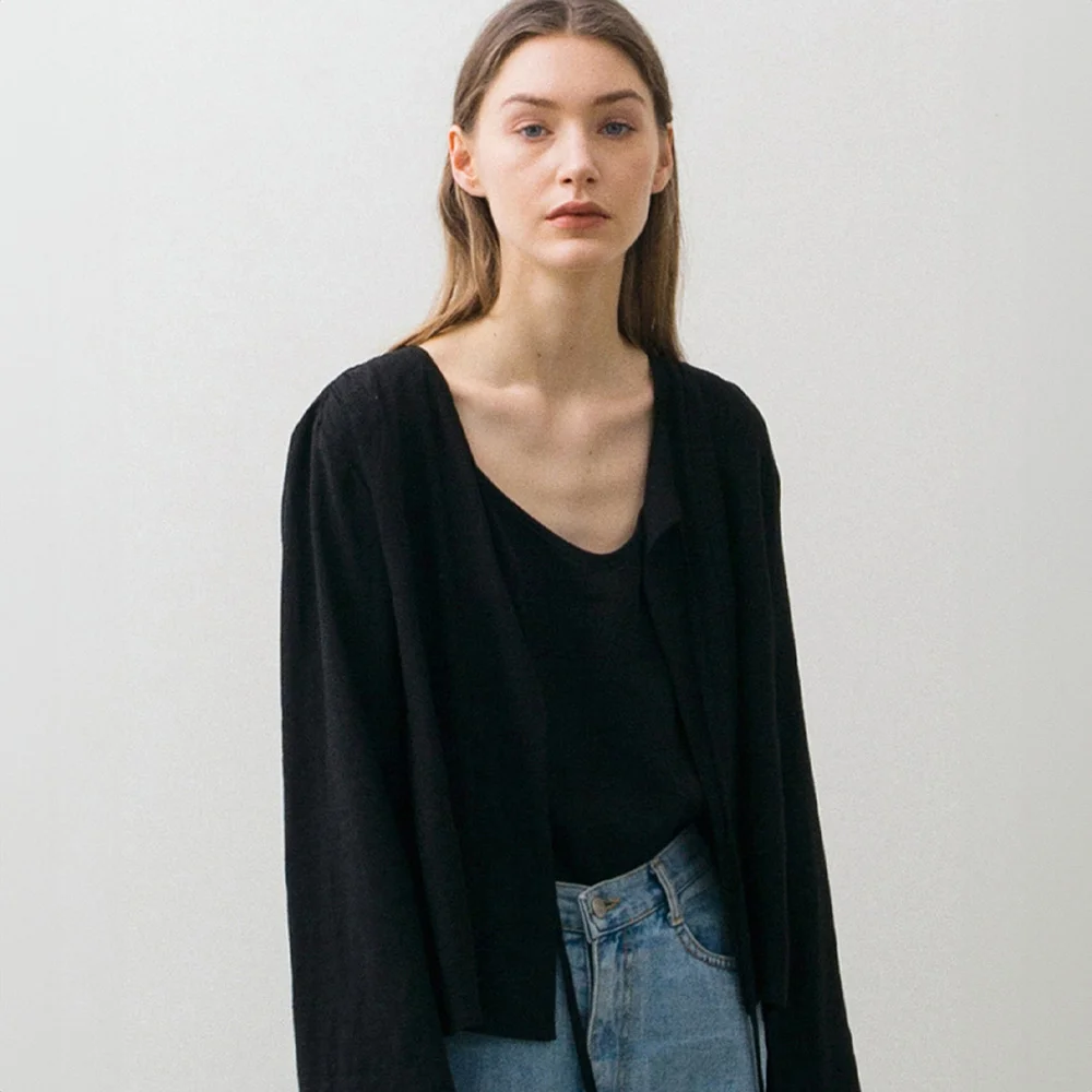 Linen Shirring Cardigan - Black
