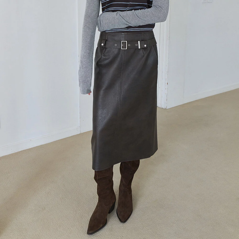 Belted Leather Midi Skirt in Brown VL5AS344-93